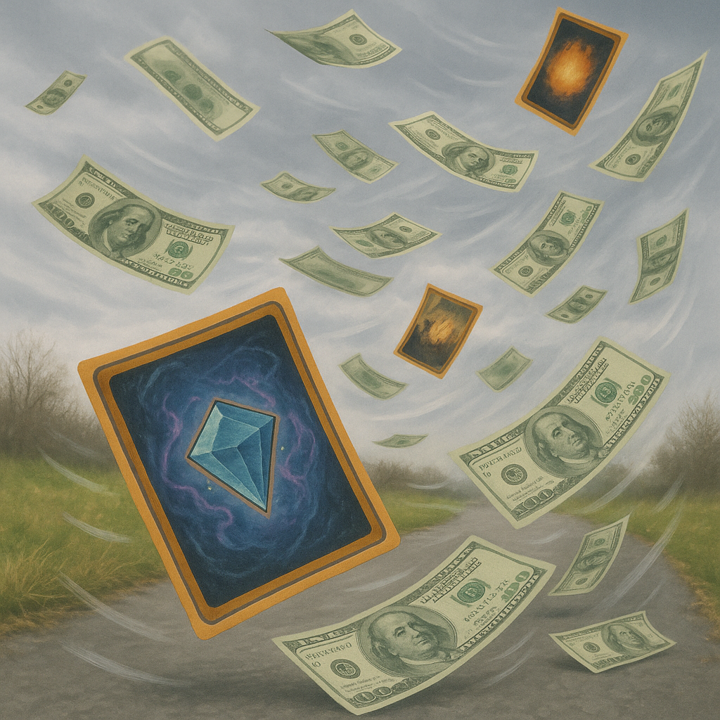 TCG cards and money flying in the wind.