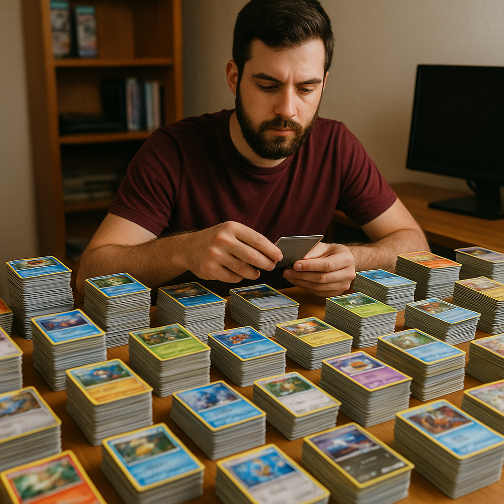 A man overwhelmed by Pokemon bulk cards on his desk