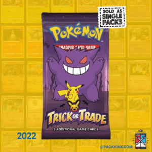 A single, sealed Pokémon TCG Trick or Trade 2022 BOOster Pack with Pikachu, Gengar, and Pumpkaboo on the front.
