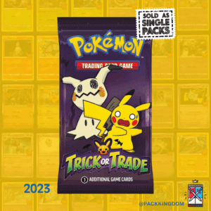 A single, sealed Pokémon TCG Trick or Trade Booster Pack 2023 with Pikachu, Gengar, and Pumpkaboo on the front