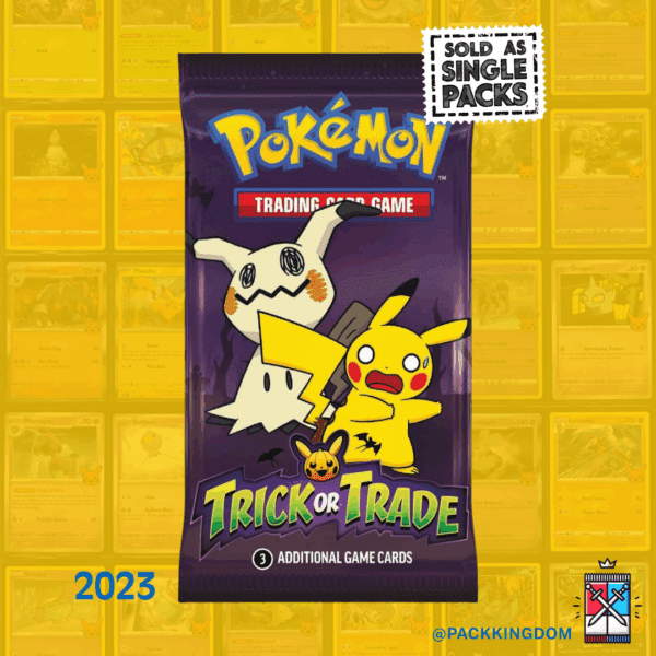 A single, sealed Pokémon TCG Trick or Trade Booster Pack 2023 with Pikachu, Gengar, and Pumpkaboo on the front