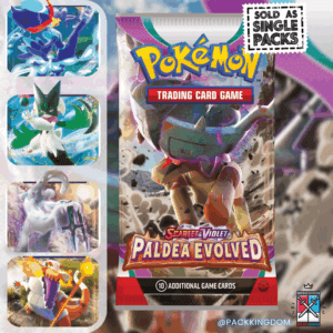 A single, sealed Pokémon Scarlet and Violet Paldea Evolved booster pack showing the three Paldean starter Pokémon evolutions on the pack art.