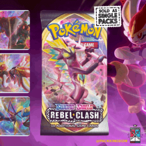 A single, sealed Pokémon TCG Sword and Shield Rebel Clash booster pack.