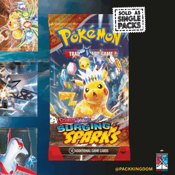 A single, sealed Pokémon TCG Scarlet & Violet Surging Sparks booster pack.