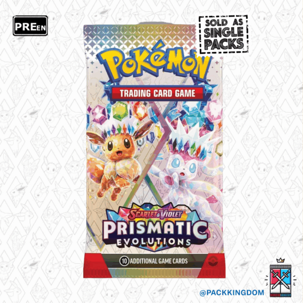 A single, sealed Pokémon TCG Scarlet & Violet Prismatic Evolutions booster pack.